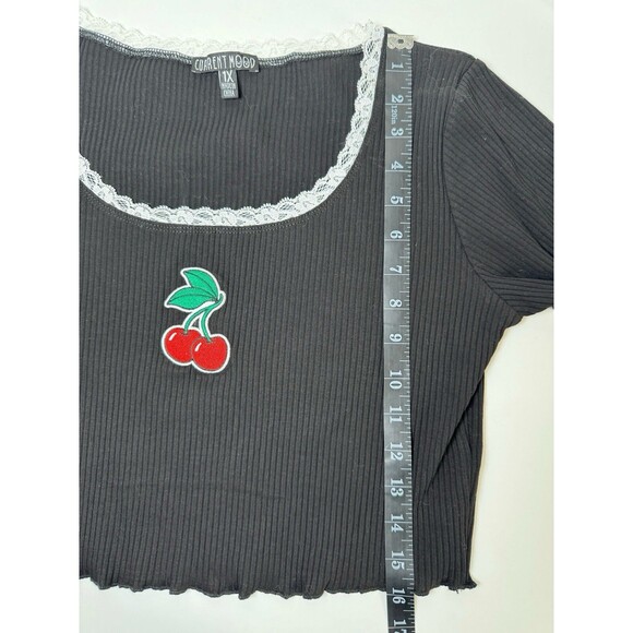 Current Mood Crop Top Womens 1X Black Cherry Patch Lace Trim Y2K Goth Ribbed - Picture 6 of 8